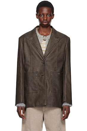 Brown Stitched Faux-Leather Blazer
