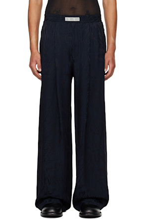 Navy Wide Fur-Patterned Jacquard Trousers