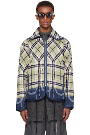 Beige & Navy Quilted Plaid Fade Jacket