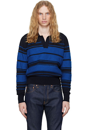 Blue Striped Knit Long Sleeve Polo