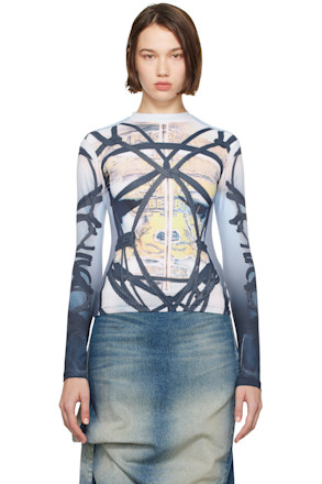 Blue Bondage Print Long Sleeve Fitted T-shirt