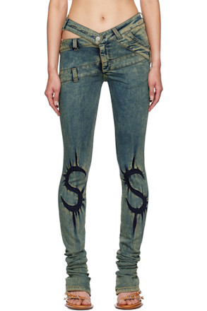 Blue Skinny Dollar Sign Joggins Back Zips Jeans