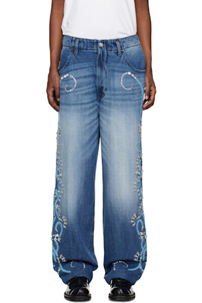 Blue Hand Embroidered Relaxed Jeans