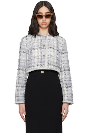 Gray Short Check Lurex Raschel Tweed Jacket