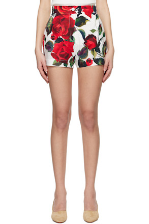 White Rose Print Cotton Shorts