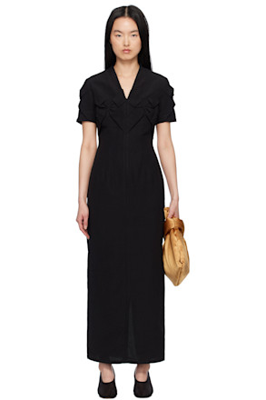 Black Smocked Flower Midi Dress