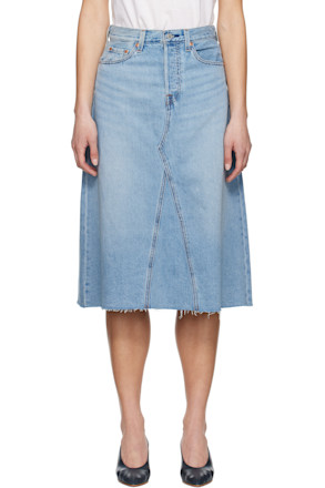 Blue High Rise A-Line Denim Midi Skirt