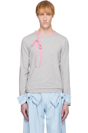 Gray & Pink Bow Piping Jersey Top