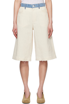 Beige & Blue Textured Cotton Hemp Shorts