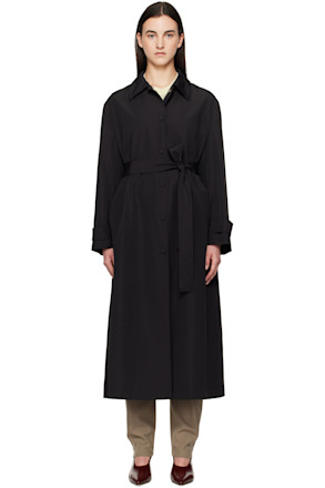 Black Wool-Nylon Belted Wrap Trench Coat