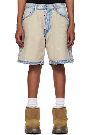 Beige & Blue Super Ripped Mixed Boxer Denim Shorts