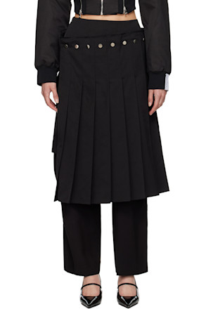 Black Double Layered Pleated Midi Skirt