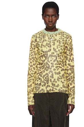 Yellow & Green Leopard Print Plated Knit Crewneck Sweater
