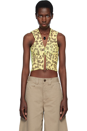 Yellow & Green Leopard Print Plated Knit Cropped Tank Top