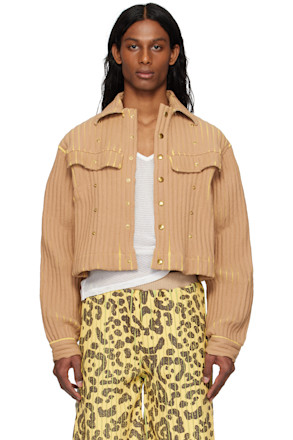 Beige & Yellow Ribbed Cropped Work Jacket
