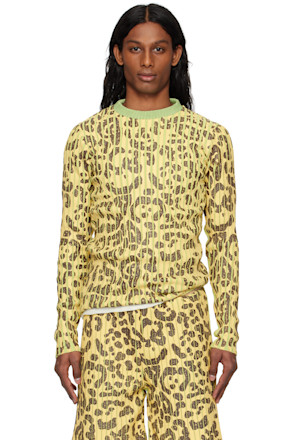 Yellow & Green Leopard Print Plated Knit Crewneck Sweater