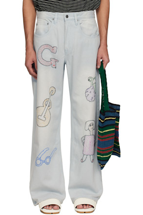 Blue Embroidered Oversized Denim Jeans