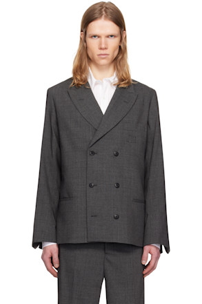 Gray Houndstooth Wool Blend Double Breasted Blazer