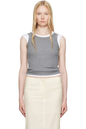 Gray Ribbed High Neck Tank Top