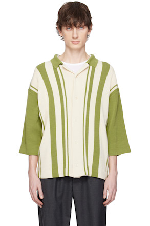Green & Off-White Intarsia Knitting Stripe Shirt