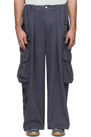 Blue Pleated Denim Cargo Pants