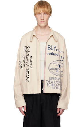 Beige Printed Zipper Cropped Jacket