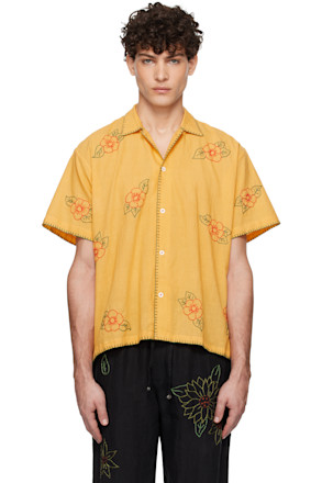 Yellow Floral Embroidered Short Sleeve Shirt