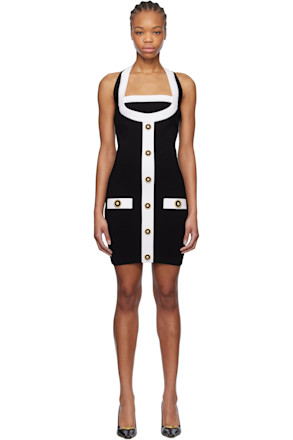 Black & White Two-Tone Halterneck Knit Minidress