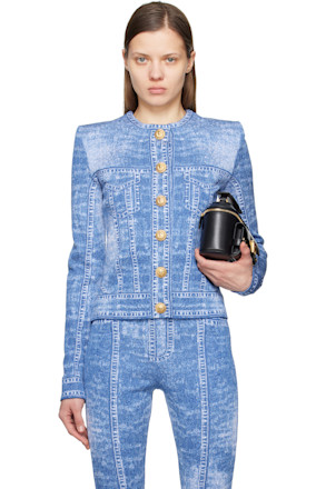 Blue Jacquard Denim Effect Knit Cardigan