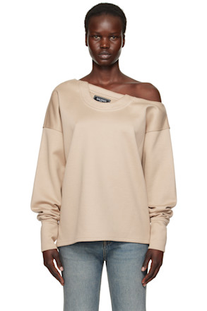 Beige Asymmetrical Jersey Off-The-Shoulder Sweatshirt