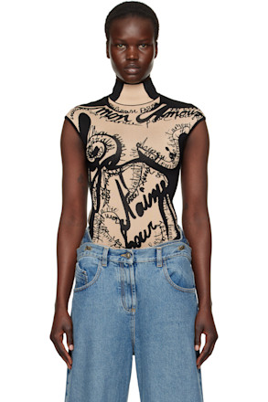 Black & Beige Jacquard Knit Torso Motif Bodysuit