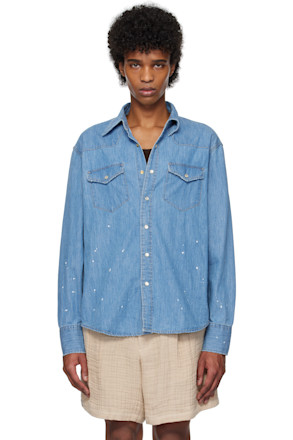 Blue Hand-Painted Western Denim Shirt