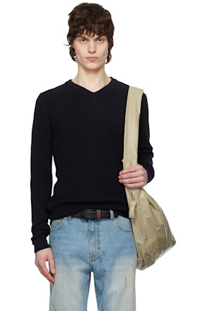 Navy Super Fine Wool Ribbed V-Neck Sweater