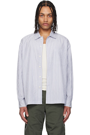 White & Navy Textured Striped Lounge Shirt