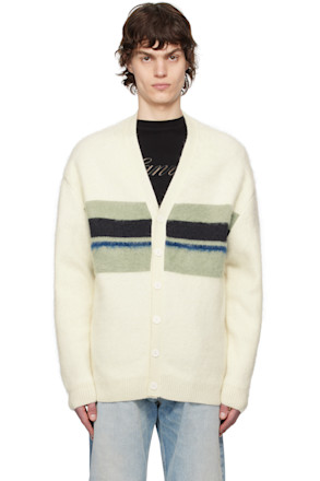 Off-White & Green Striped Brushed Mohair Cardigan