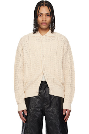 Beige Semi-Overfit Cotton Crochet Cardigan