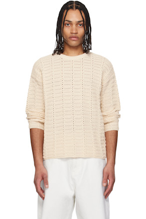 Beige Cotton Crochet Pullover Knit Sweater