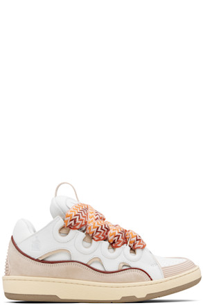 White & Beige Curb Leather Sneakers