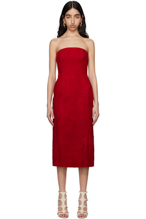 Red Strapless Suede Midi Dress