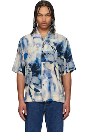 Blue Oversized Painted Photograph Viscose Shirt