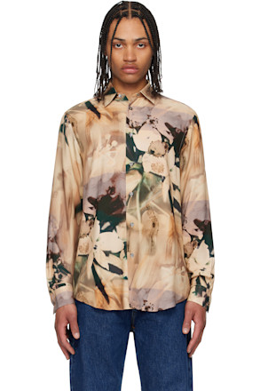 Beige Viscose Painted Photograph Print Shirt