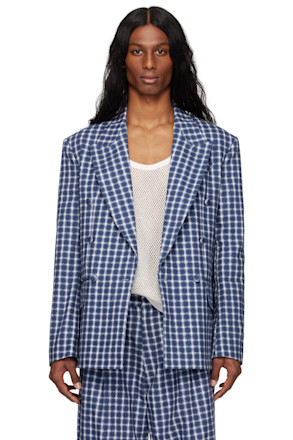 Navy & White Check Double-Breasted Blazer