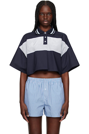 Navy & Gray Color Block Cropped Polo