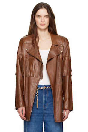 Brown Belted Fringed Leather Jacket