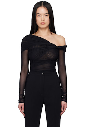 Black Off-Shoulder Ruched Bodysuit