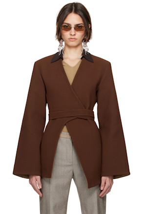 Brown Asymmetrical Pique Wrap Blazer