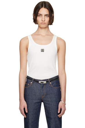 White Metal Logo Cotton Scoop Tank Top
