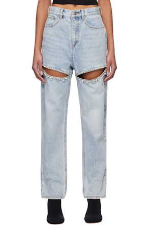 Blue Crystal Slit Jeans