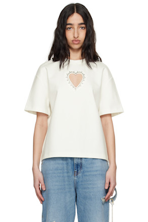 White Crystal Heart Cutout Relaxed T-shirt