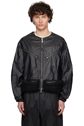 Black Convex Collarless Bomber Jacket